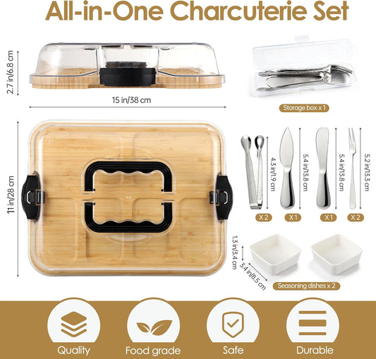 Kochorie 10 Pieces Portable Bamboo Cheese Board Set Charcuterie Board with Lid and Handle, Knife Set Meat Fruit Serving Tray Platter for Travel Picnic Kitchen House Warming Gifts (Round)