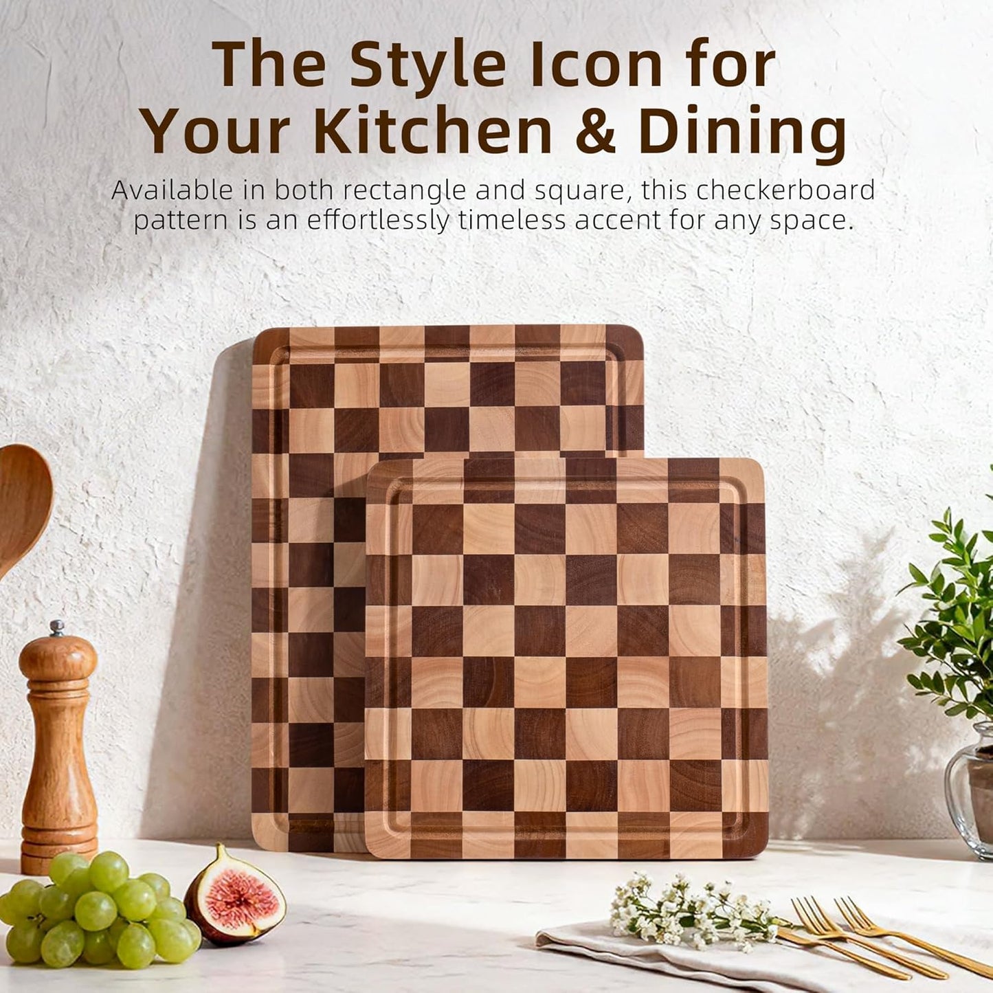 Checkered Cutting Board for Kitchen - Solid Wood End Grain Checkerboard Chopping Board with Handle & Juice Groove, Double Sided for Cooking, Serving and Decor, Rectangular 16" x 12" x 1"