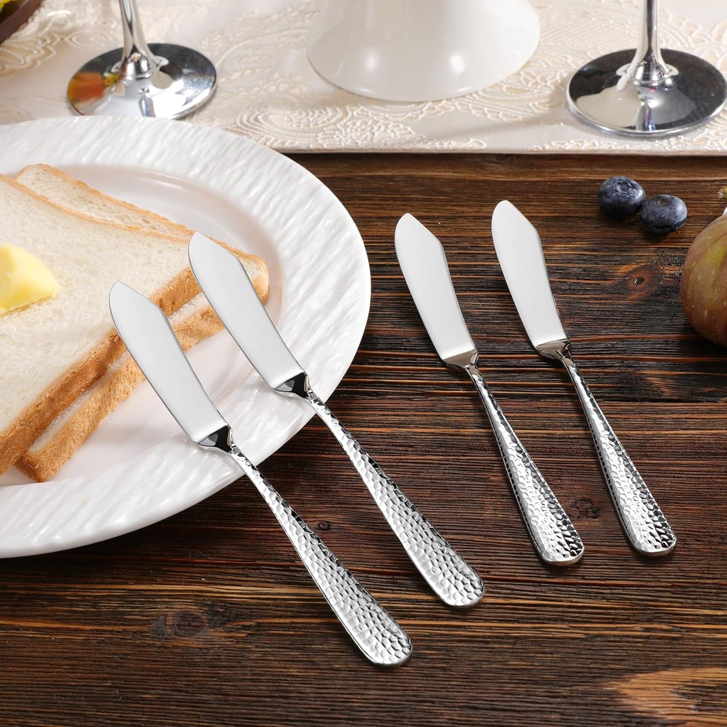 KEAWELL Premium 7" Louise Butter Knives: Set of 4, 18/10 Stainless Steel, Dishwasher Safe and Rust-Resistant (Hammered)