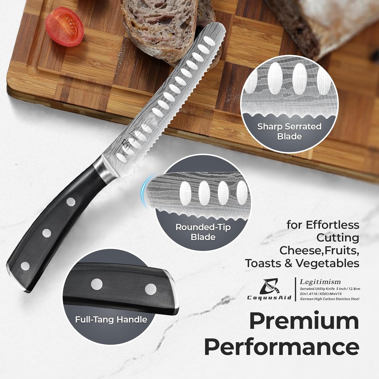 CoquusAid Kitchen Utility Knife, 5 inch Serrated Ultra Sharp Blade, Paring knives, Round Tip Tomato Knife, Ergonomic Handle, Full Tang – Forged High Carbon German Steel, Ideal for Gift (Black)