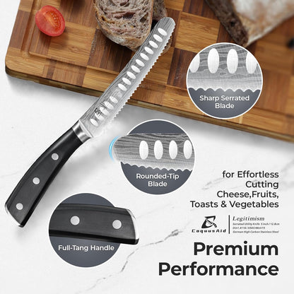 CoquusAid Kitchen Utility Knife, 5 inch Serrated Ultra Sharp Blade, Paring knives, Round Tip Tomato Knife, Ergonomic Handle, Full Tang – Forged High Carbon German Steel, Ideal for Gift (Black)