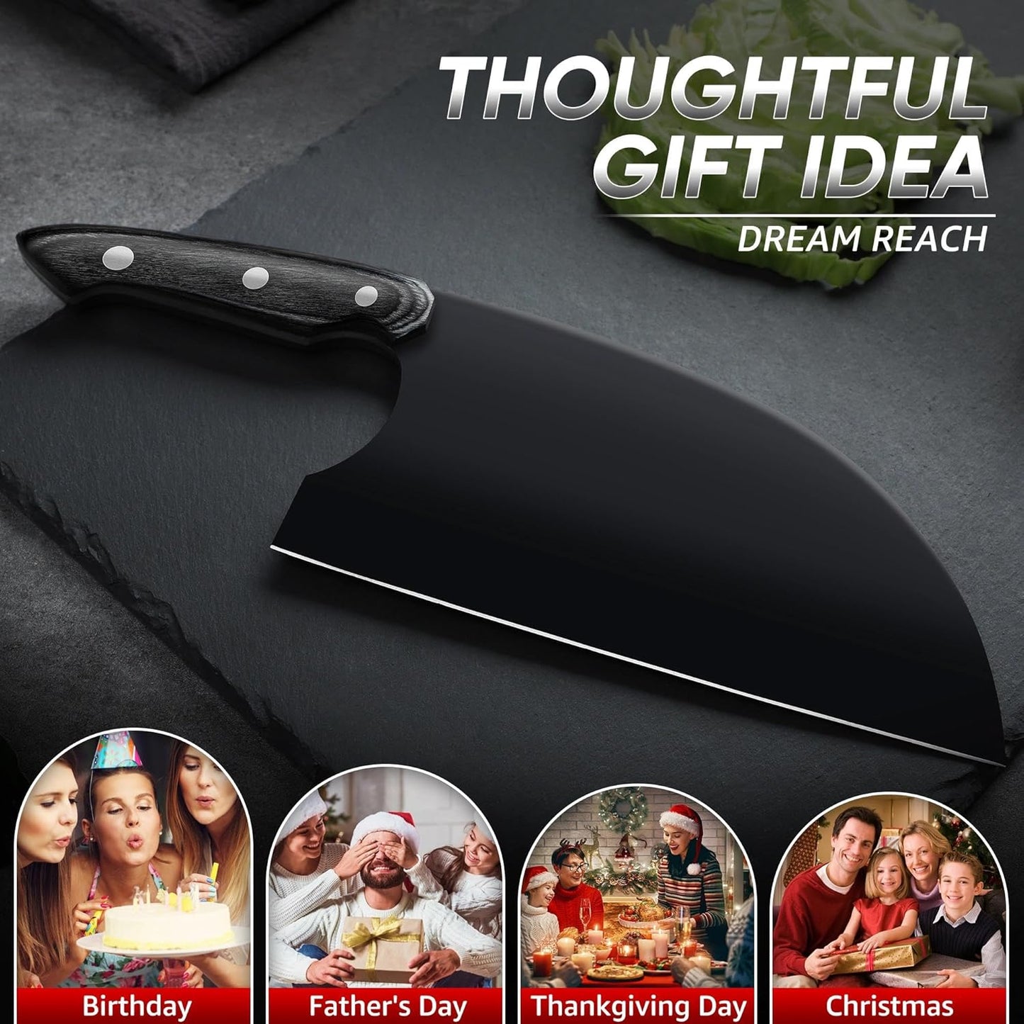 Dream Reach Kiritsuke Chef Knife - High Carbon Steel Sharp Kitchen Knife with Full Tang Handle, Hand Forged Black Cooking Knives for Birthday Mother Father Gift