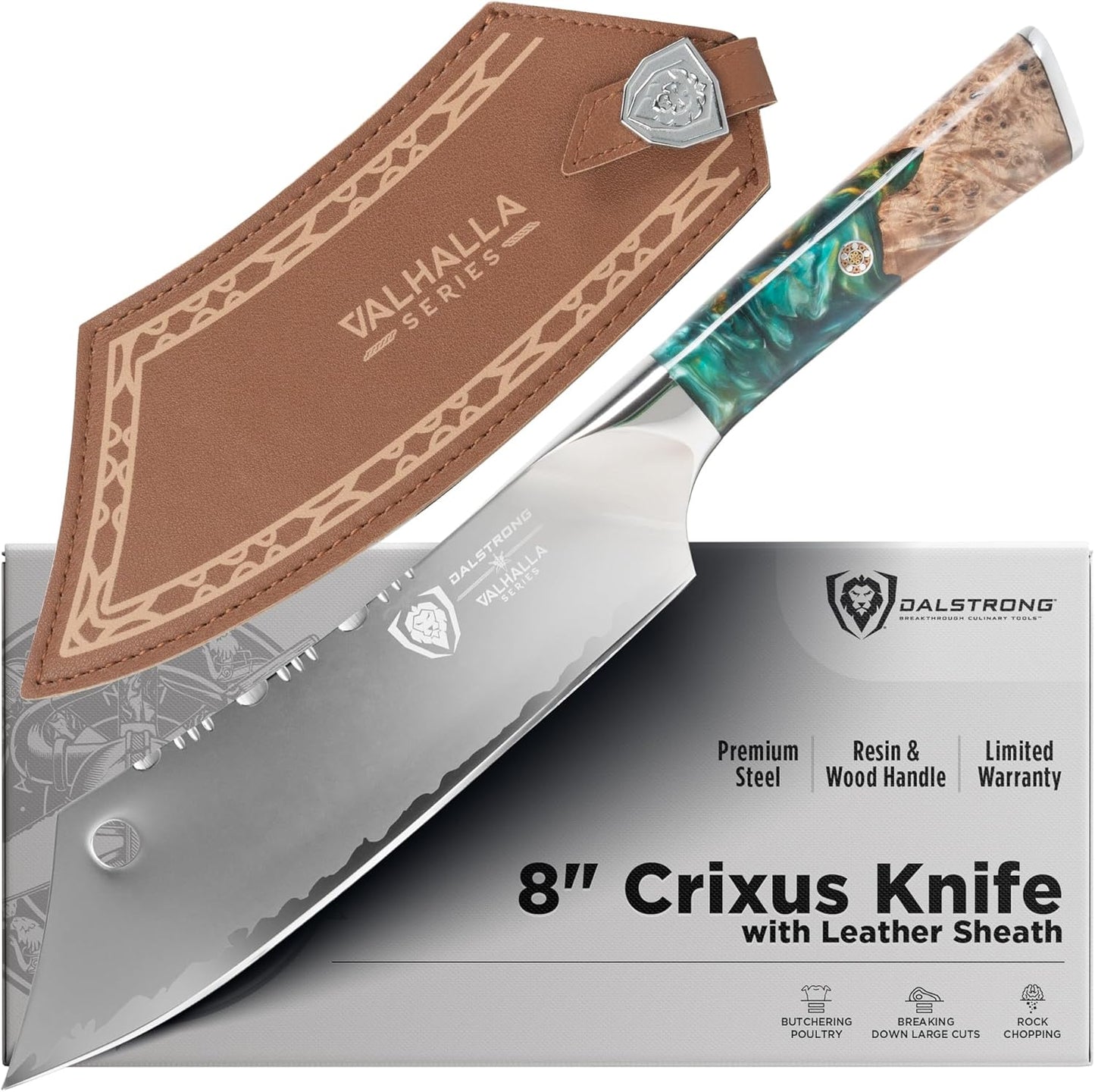 Dalstrong Chef & Cleaver Hybrid Knife - The 'Crixus' - 8 inch - Valhalla Series - 9CR18MOV HC Steel - Celestial Resin & Wood Handle - Razor Sharp Chef's Knife - w/Leather Sheath
