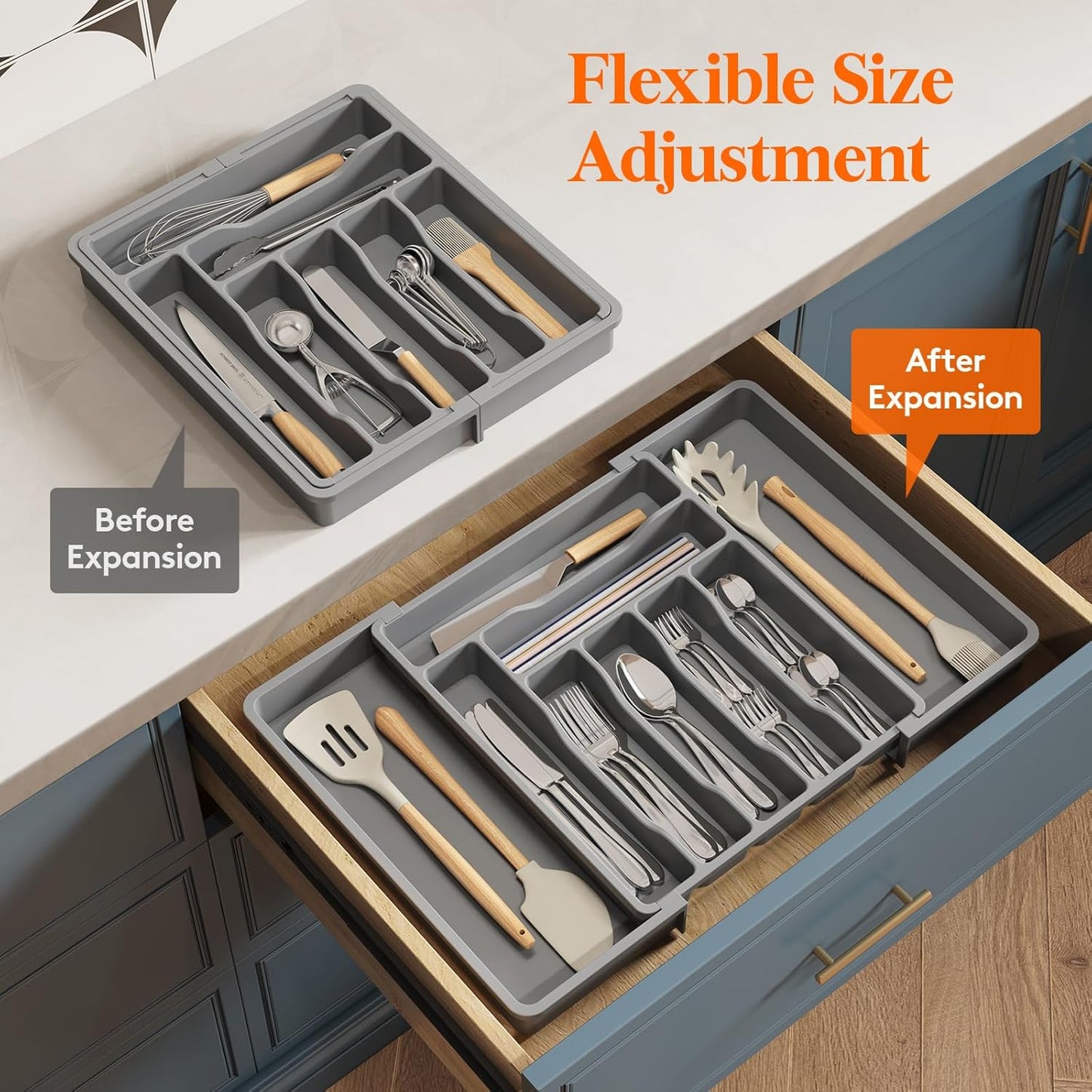 Lifewit Utensil Organizer for Kitchen Drawer, Expandable Cooking Silverware Tray, Adjustable Cutlery Flatware Holder, Plastic Spatula Tools Storage Divider, 14.4 x 15.8", Black