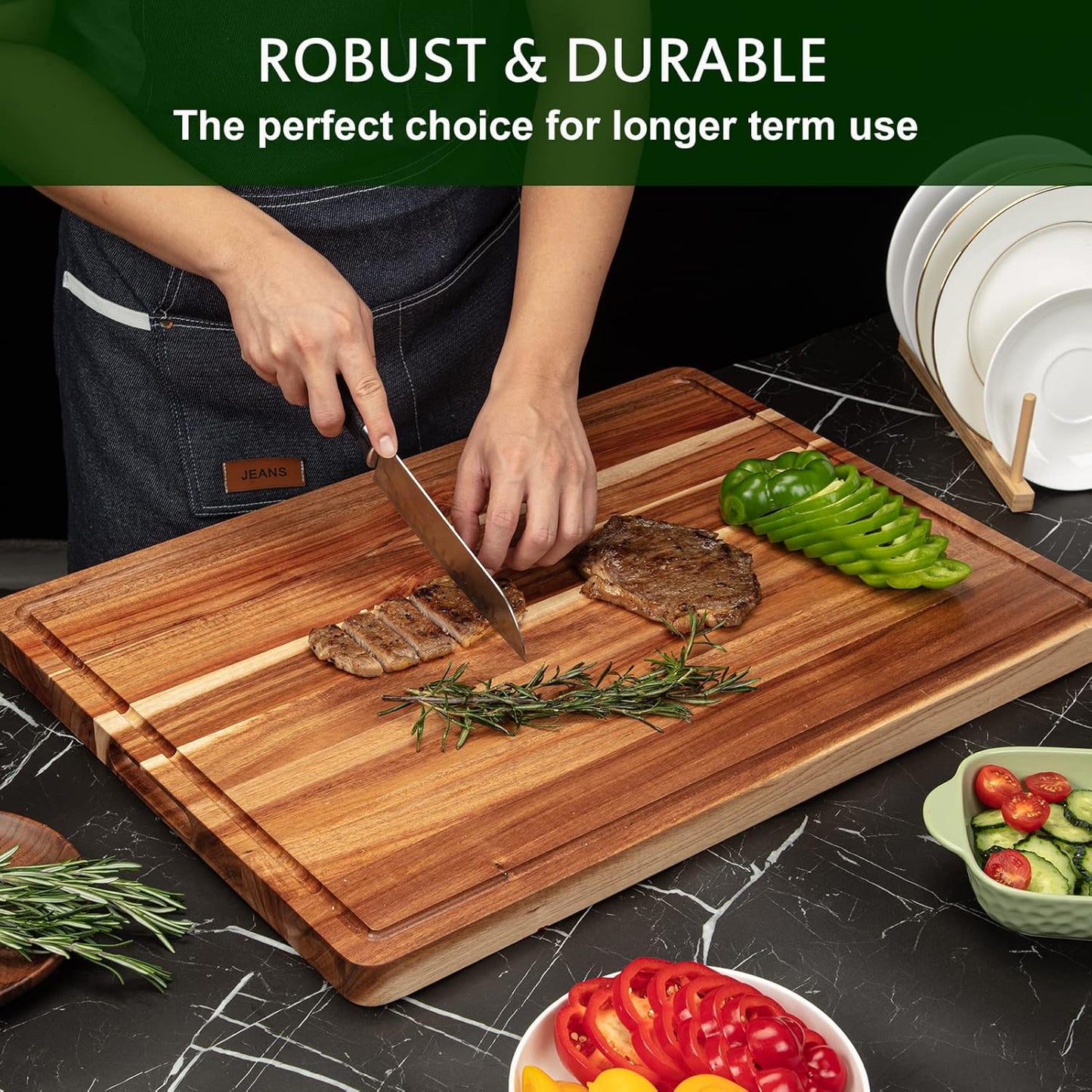 GarveeHome 18 in x 12 in Acacia Wood Cutting Board, 1 in Thick Chopping Board with Deep Juice Groove and Back Inner Handles, Kitchen Butcher Block Cutting Board for Meat, Vegetables and Fruit