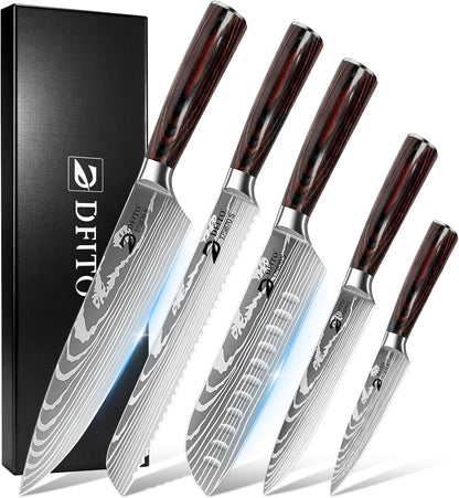 Dfito Kitchen Knife Set, 3 Pieces High Carbon Stainless Steel Chef Knife Set with Red Pakkawood Handle, Ultra Sharp Professional Chef Knives Sets for Home Cooking, Dishwasher Safe