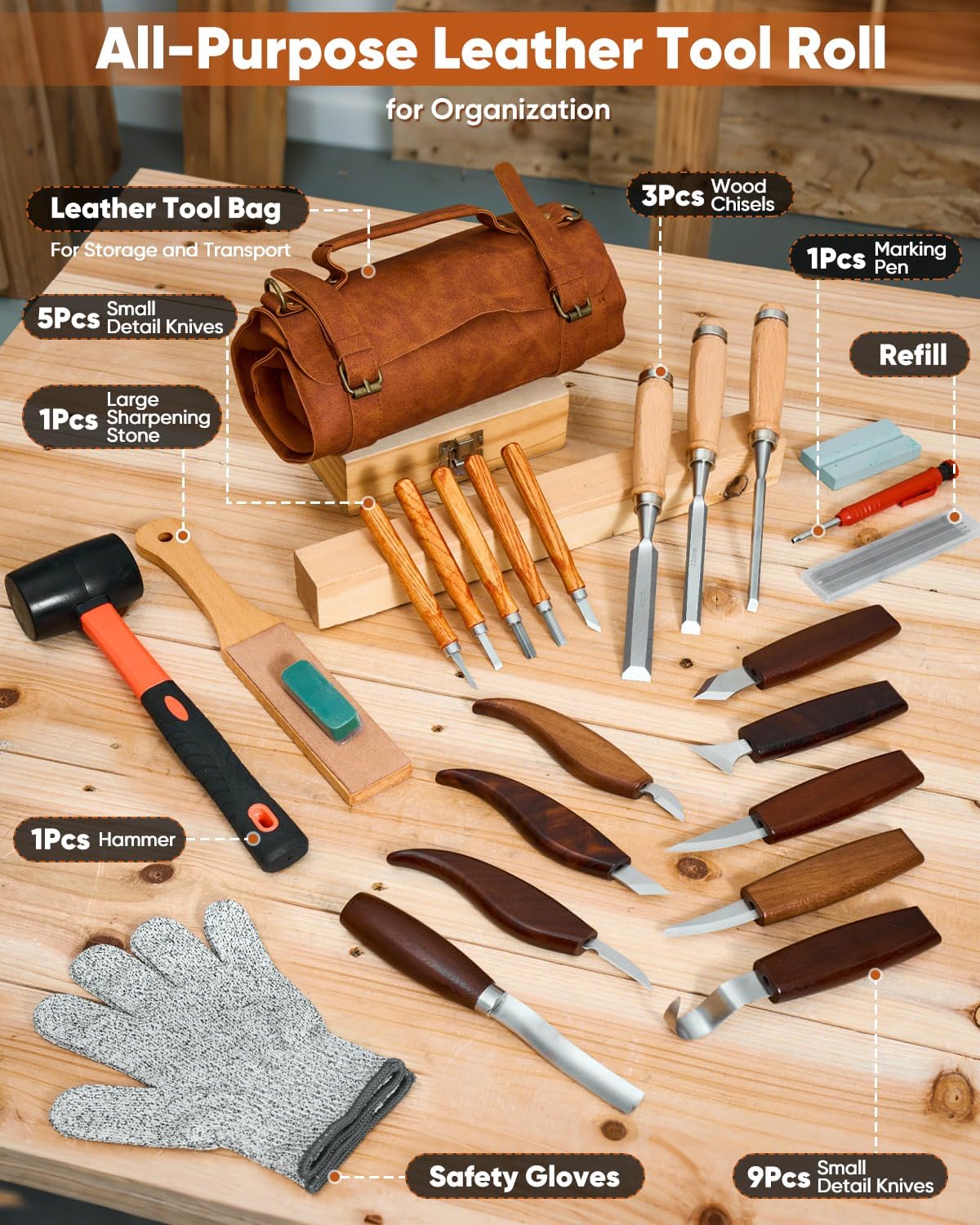 Deluxe Wood Carving Kit, 25 Piece Wood Carving Tools with Thick Leather Storage Bag,Wood Whittling Tools -Ideal Woodworking Tools and Hobbies for Beginners Enthusiasts Gift DIY