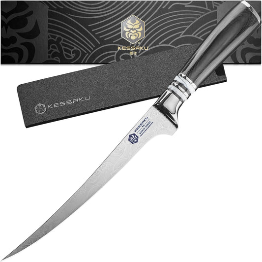 KESSAKU Fillet Knife - 7 inch - Ronin Series - Flexible - Razor Sharp - Forged 7Cr17MoV High Carbon Stainless Steel - Boning, Trimming, Skinning - Wood Handle with Blade Guard