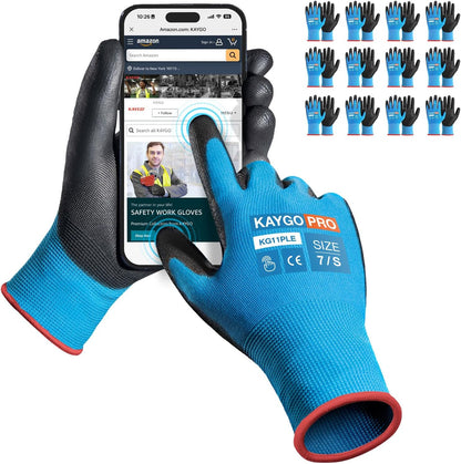 KAYGO Work Gloves for Men and Women,12 Pairs Seamless Knit PU Coated Safety Gloves, with Smooth Grip on Palm and Fingers, Ideal for Light Warehouse, Manufacturing, Gardening, KG11P (M, Black)