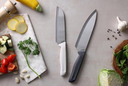 Zyliss Classic 2 Piece Chef & Santoku Knife Set, Stainless Steel 15° Hollow-Ground Blades, Ergonomic Wheat Straw Handles, Finger Guard & Blade Covers, Dishwasher Safe