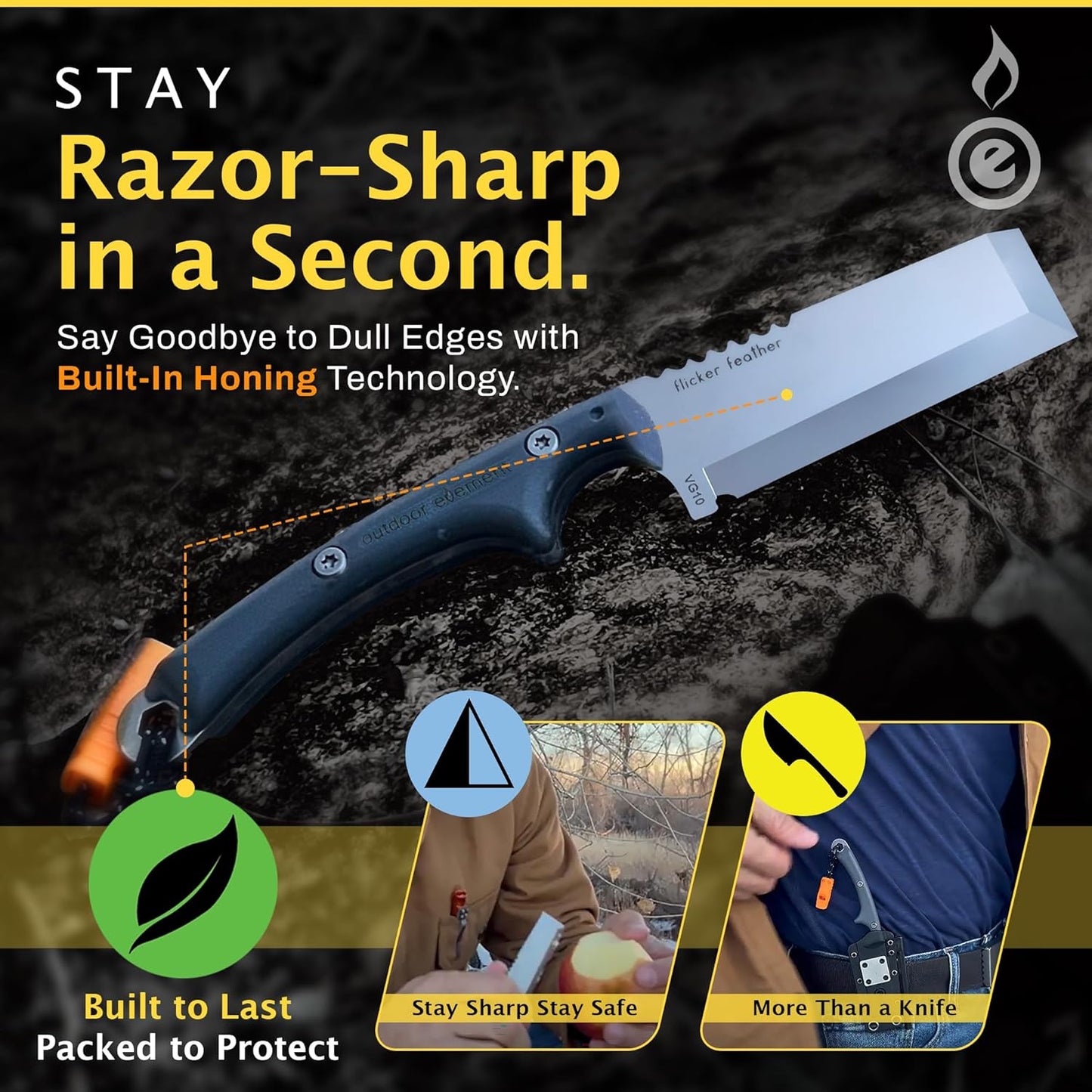 Scout Feather Glow - Fixed Blade Survival Knife with built-in Firestarter for Camping, Hunting, Outdoor Adventure and Culinary Need - VG10 Blade, Whistle, Knife Sharpener, Compact Sheath & G10 Handle