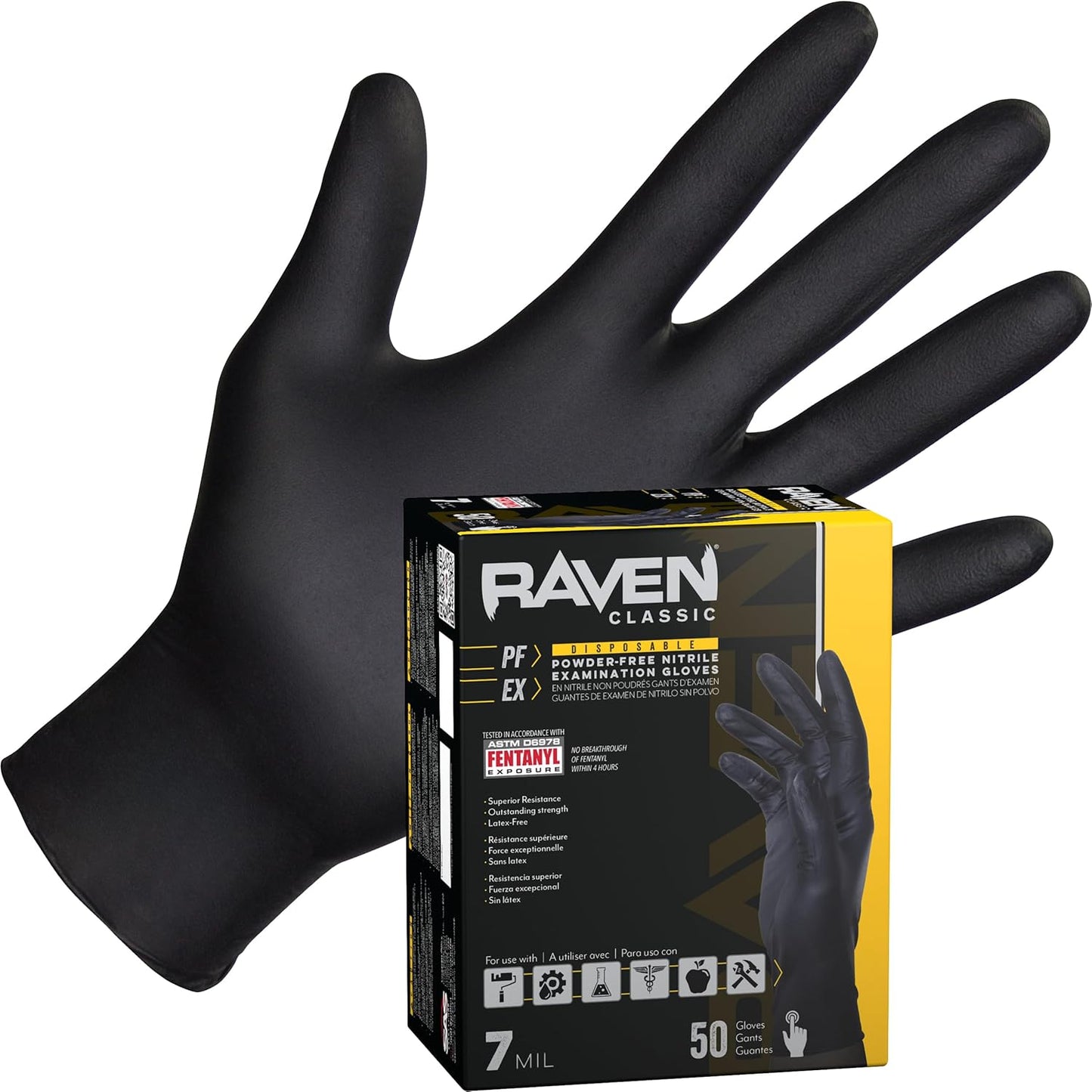 Raven Powder Free Nitrile Disposable Gloves 7 Mil - XL Latex Free, Chemical + Puncture Resistant, Textured Grip, Single Use for Automotive, Industrial, Janitorial, MRO, Food Service 66519