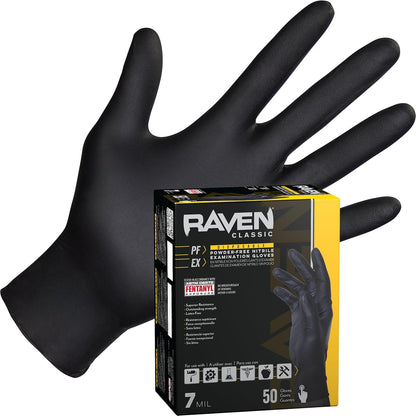 Raven Powder Free Nitrile Disposable Gloves 7 Mil - XL Latex Free, Chemical + Puncture Resistant, Textured Grip, Single Use for Automotive, Industrial, Janitorial, MRO, Food Service 66519