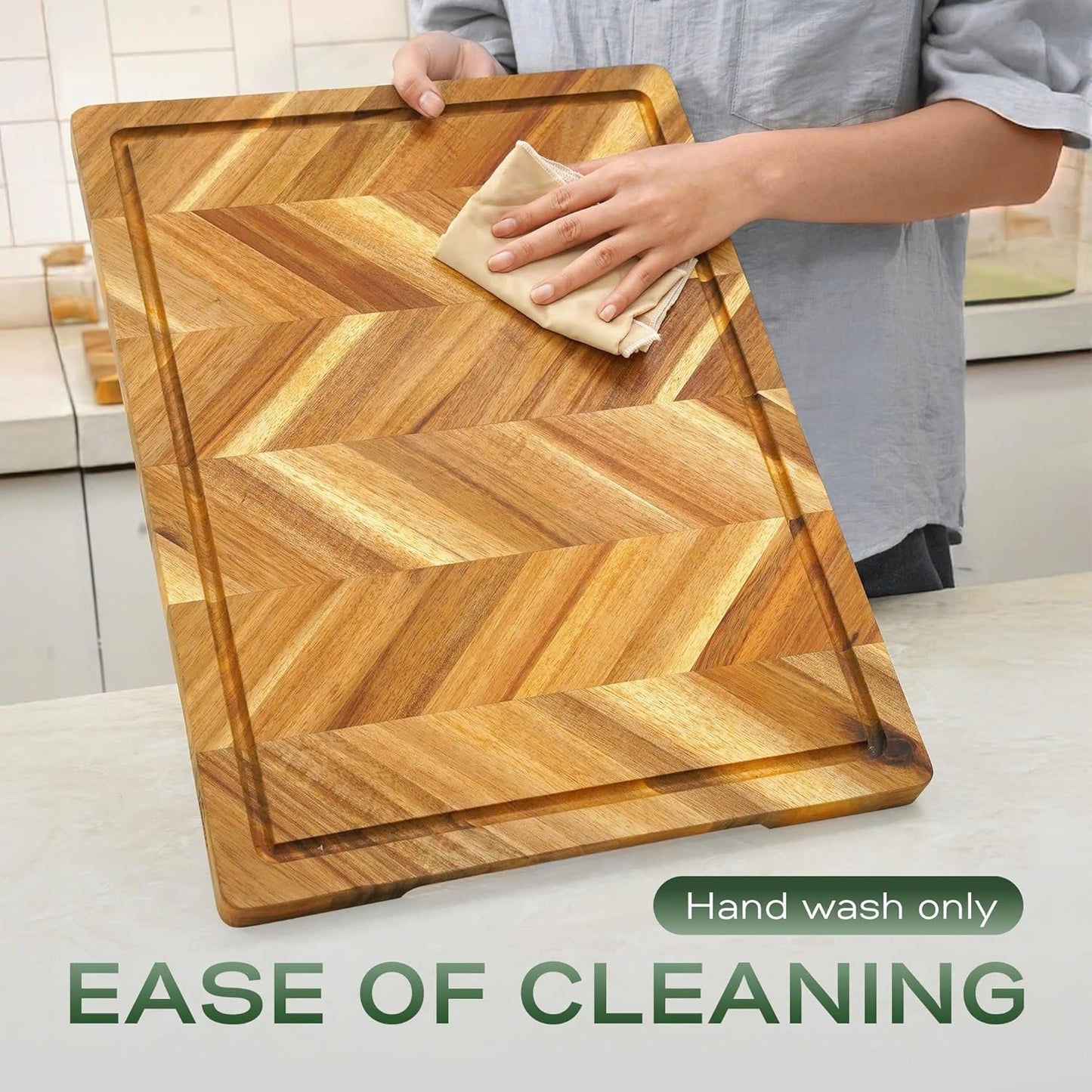 Howizz Acacia Wood Large Cutting Board, Thick End Grain Solid Wood Butcher Block For Kitchen, Non Toxic Pre-Oiled Carving Tray w/Juice Grooves and Easy Grip Handle, 20"x15"x1" (Gift-Ready Box)