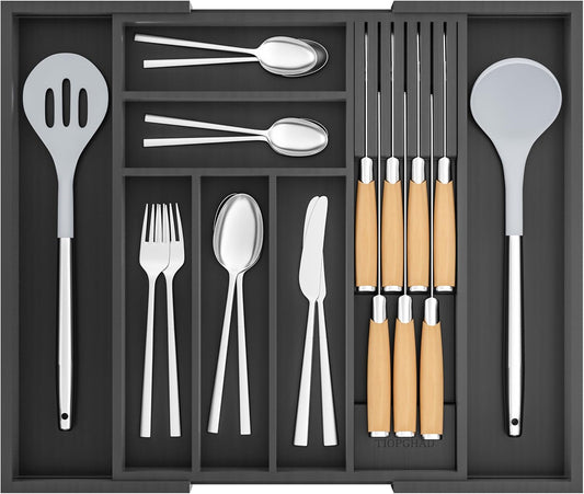 TIOPGHAD Small-Bamboo-Silverware-Drawer-Organizer, Expandable Utensil Kitchen Cutlery Tray Flatware Organization Adjustable Wood Tableware Dividers Storage (with Removable Knife Block)(Natural)