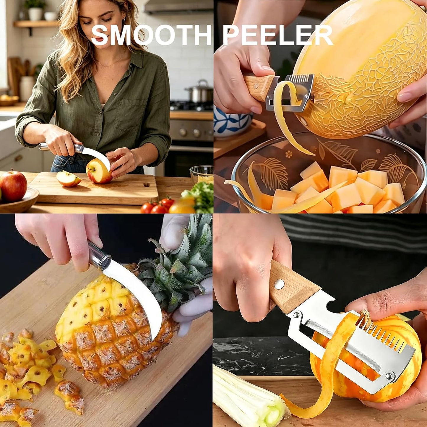 Premium Vegetable Peeler with Wooden Handle and Bottle Openerand Fish-Scaler Bring a Paring Machete,3in1 Ultra-Sharp Stainless Steel Kitchen knife Tool for Fruit Apple Potato Pumpkin Papaya(3PCS)