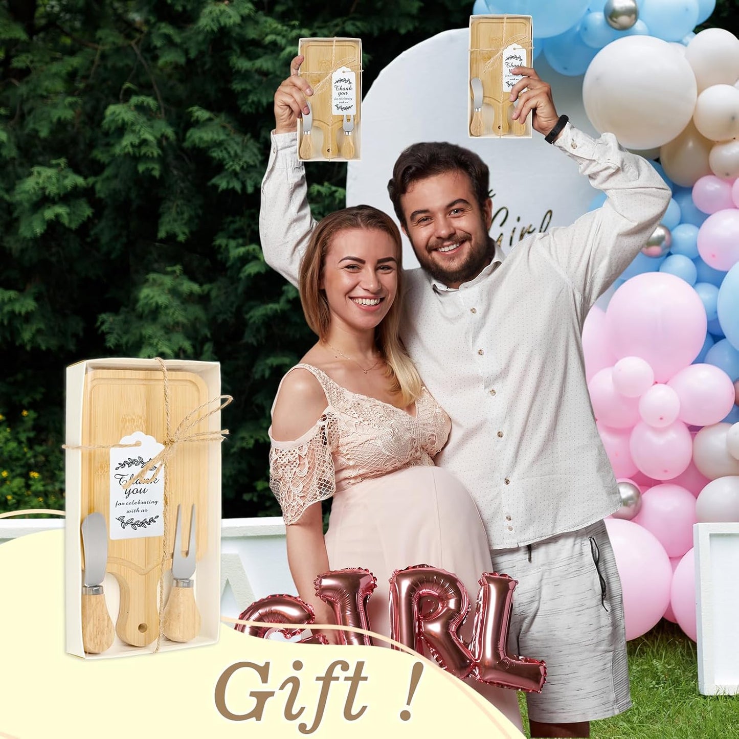 1 Set Baby Shower Prize for Game Winners Adults, Bridal Shower Prize for Guests, Small Cheese Board Gift Set with Wood Mini Charcuterie Board, Knives, Forks, Thank You Card & Gift Box