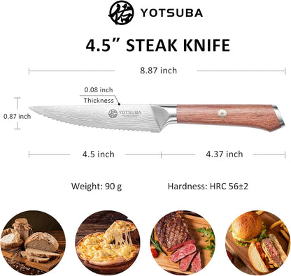 YOTSUBA Steak Knives Set of 6, Razor-Sharp 4.5 Inch Japanese Serrated Steak Knife Set, Full Tang Forged High Carbon Steel Dinner Knives with Ergonomic Handle and Gift Box