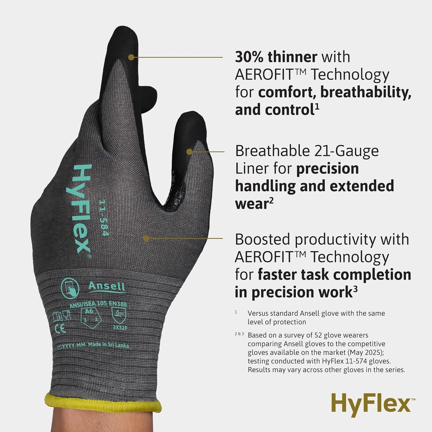Ansell HyFlex Cut Resistant Touchscreen Work Gloves with Aerofit Precision Comfort Technology