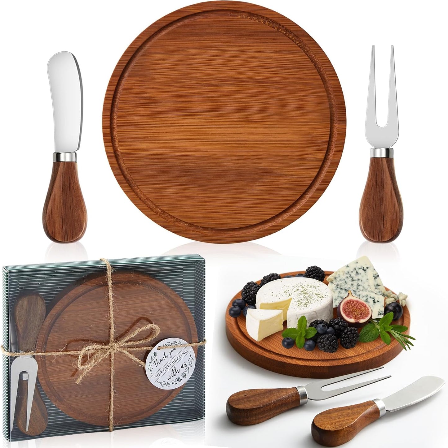 Maxcheck 18 Sets Baby Shower Bridal Game Prizes for Winners Round Cheese Board Set Wood Mini Charcuterie Board with Knives and Forks Thank You Card with Gift Box for Guests Wedding (Bamboo)