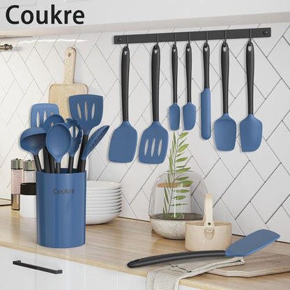 Coukre Silicone Kitchen Cooking Utensils Set with Holder – Heat-Resistant, Food-Grade Kitchen Tools, Spatula, Spoon & Gadgets for Non-Stick Pans, Dishwasher Safe (14, PureBlack)