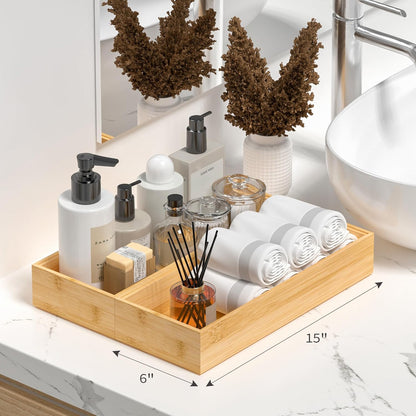 Kitchen Drawer Organizer Bins, Stackable Bamboo Deep Drawer Organizer for Silverware, Utensils, Cutlery, Flatware, Junk Drawer, Dresser, Bathroom, 12" x 3" x 2.5" (Set of 2)