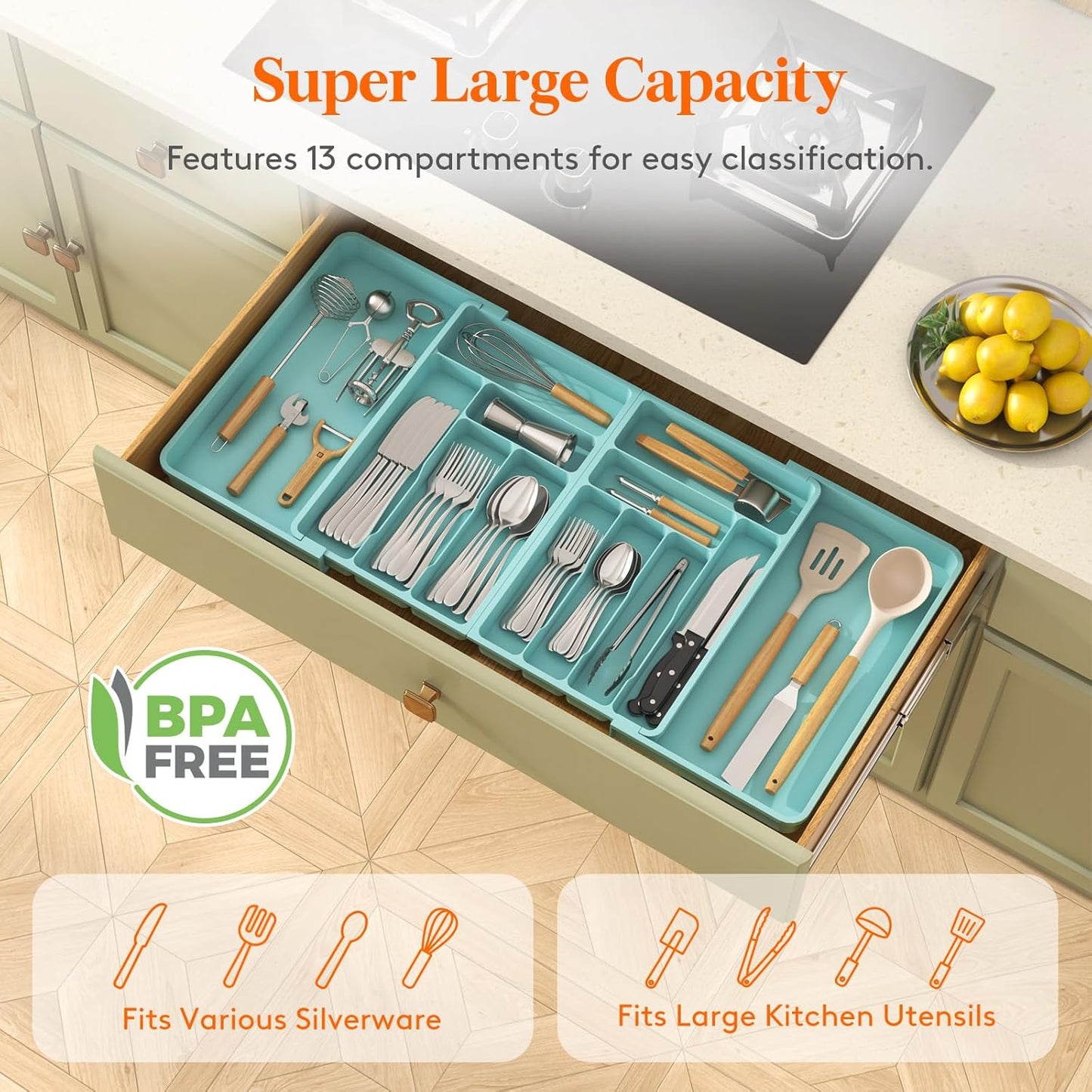 Lifewit Silverware Drawer Organizer, Expandable BPA Free Plastic Utensil Tray for Kitchen, Adjustable Flatware Cutlery Holder for Spoons Forks Knives, 21.3- 36 x 16.9", Gray