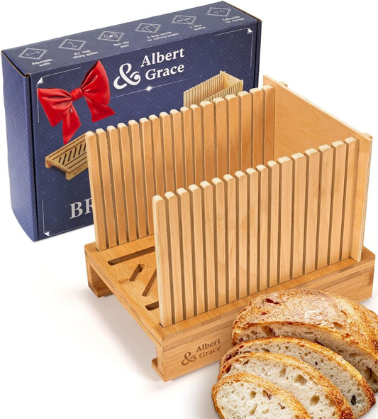 Albert & Grace Adjustable Bread Slicer – Premium Cross-Laminated Bamboo, High 6.1” Guides, 3 Width Settings, 2 Slice Thicknesses – Folds Flat – Perfect for Sourdough, Homemade Loaves & Bagels