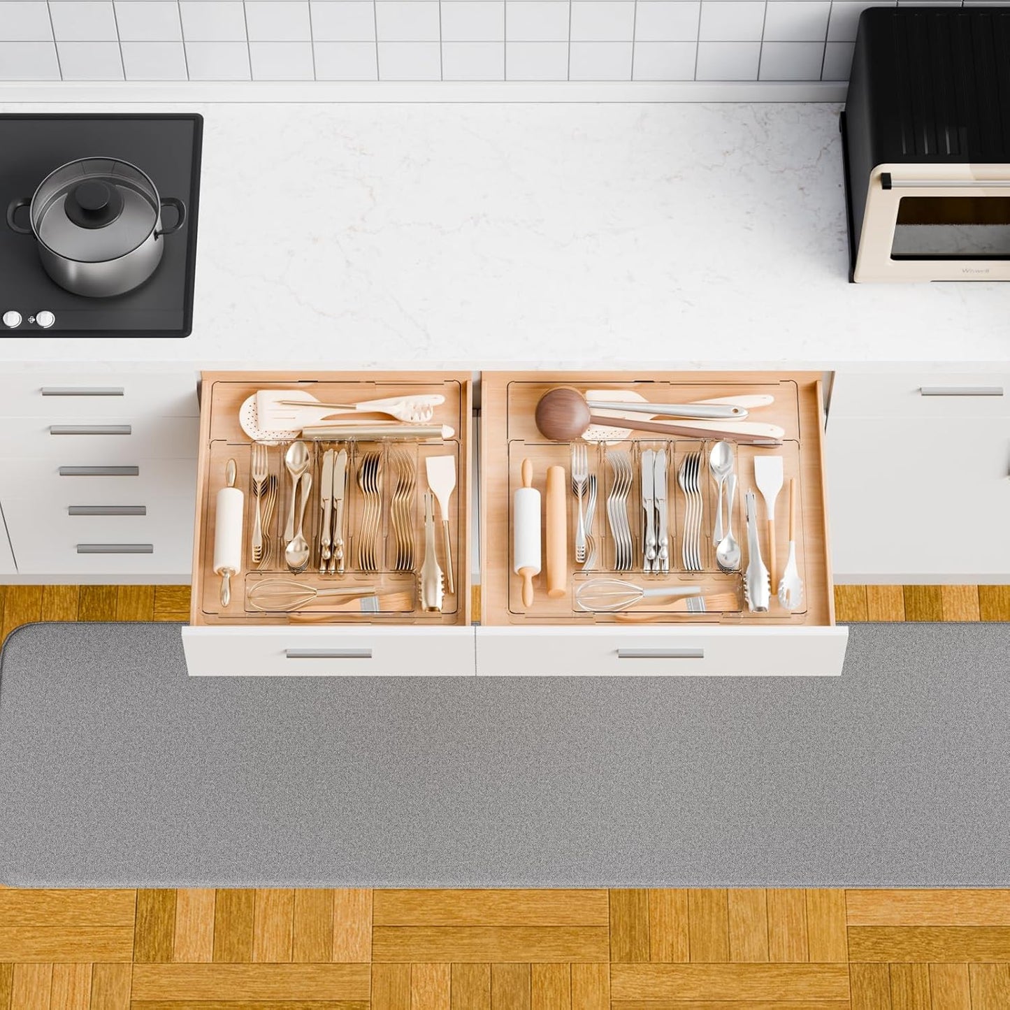 Yieach Clear Large Expandable Silverware Organizer and Kitchen Utensil Drawer Organizer,Plastic Adjustable Silverware Tray for Drawer Cutlery,Spatula,Tools,Flatware Organizers,Fork and Spoon Holder