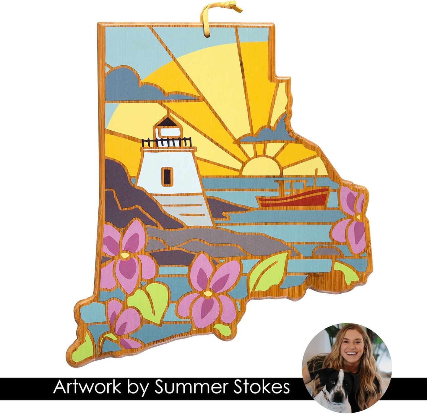 Totally Bamboo North Carolina State Shaped Cutting Board and Charcuterie Serving Platter with Artwork by Summer Stokes, Includes Hang Tie for Wall Display 18" x 8" x 5/8" - Colors B