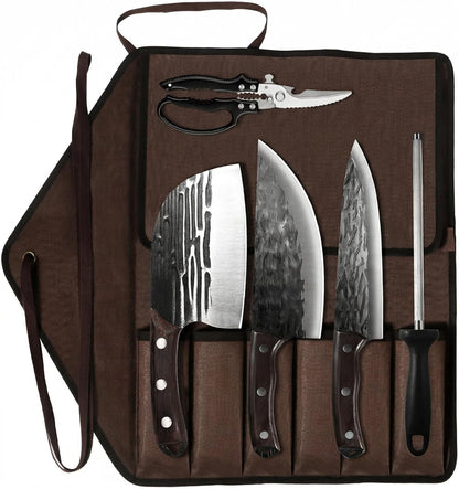 KOFERY Damascus Steel Butcher Knife Set with Full Tang Blades for Pit Master BBQ Meat Carving, Smoking Meat & Game Processing with Canvas Knife Roll for Camping, Gift for Men