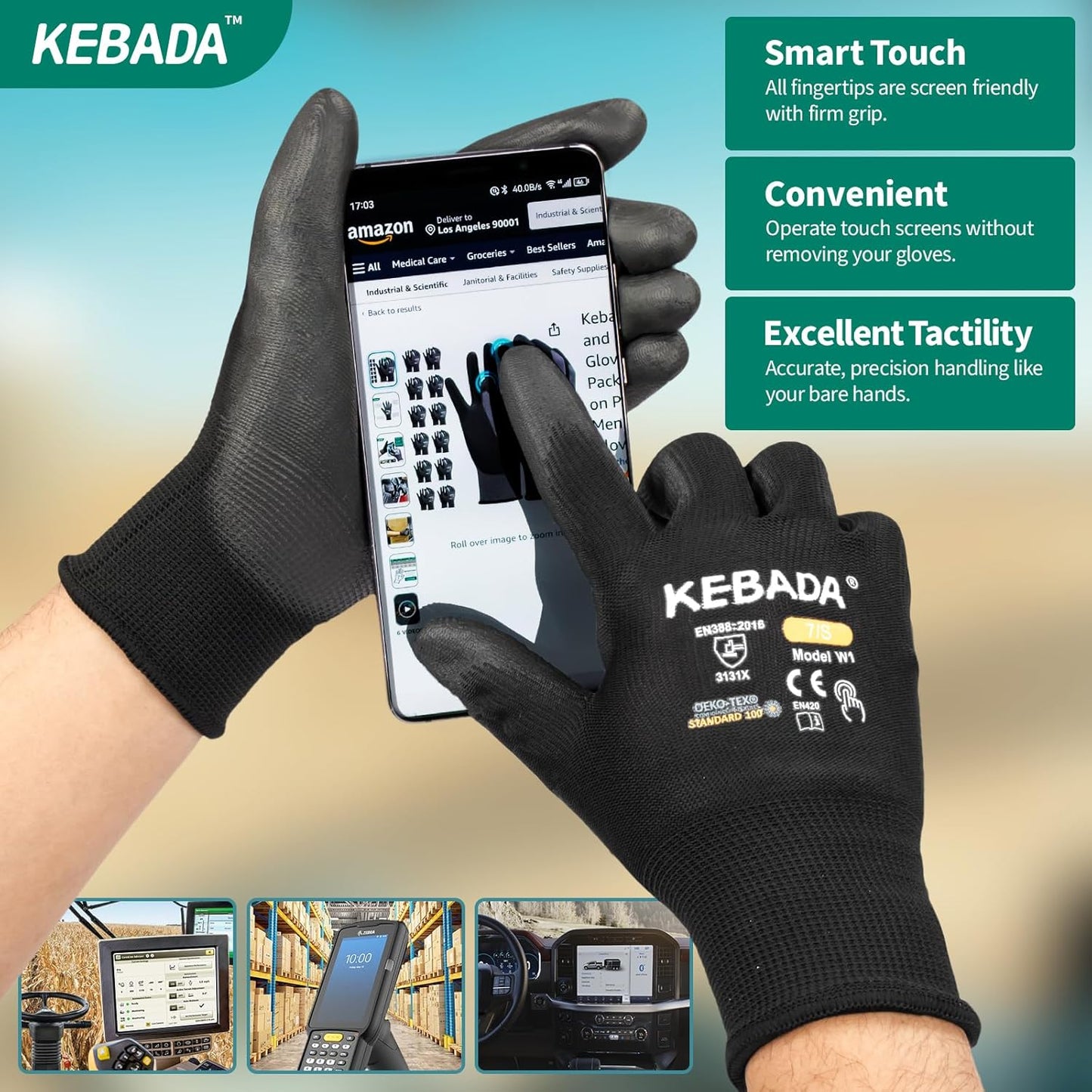 Kebada W1 Work Gloves for Men and Women, PU Coated Safety Gloves with Grip, Touchscreen, Ideal for Warehouse Package Handling, Construction, Gardening, 12 Pairs Gray Large