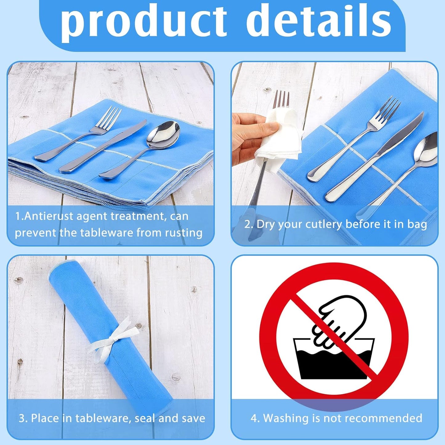 Saintrygo 4 Pieces Silver Storage Bags Anti Tarnish Silver Protector Bags Blue Holder for Silverware Flatware Storage Organizer Cloth Place Setting Roll with White Ribbon for Kitchen Utensils