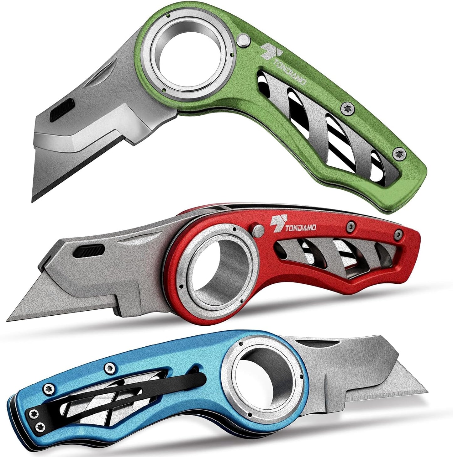 Tondiamo 4 Pcs Folding Pocket Utility Knife Heavy Duty Box Cutter Folding Razor Knife with Anti Slip Finger Loop Easy Change Blades 3 Lock Positions Design (Yellow,Red,Black,Green)