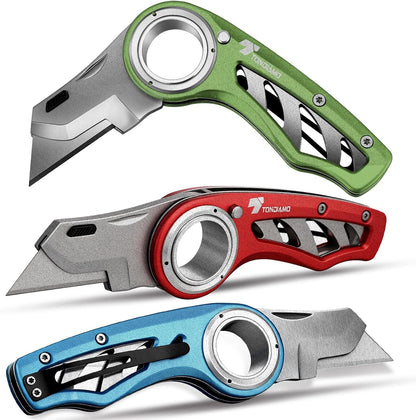 Tondiamo 4 Pcs Folding Pocket Utility Knife Heavy Duty Box Cutter Folding Razor Knife with Anti Slip Finger Loop Easy Change Blades 3 Lock Positions Design (Yellow,Red,Black,Green)