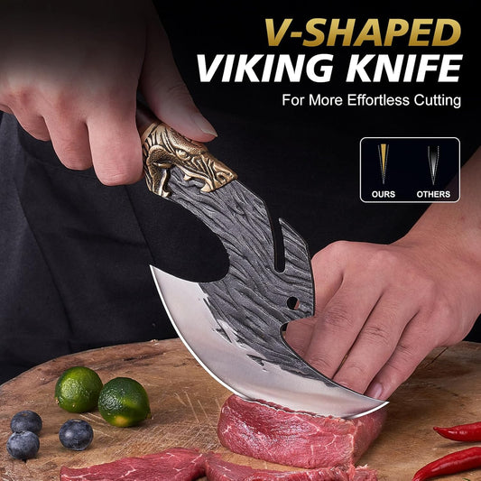 KITNATS Viking Knife Cutting Boning Knife Butcher Meat Cleaver Chinese Kitchen Axe with Sheath for Home & Outdoor BBQ Camping Knives Gift for Men Chirstmas Birthday