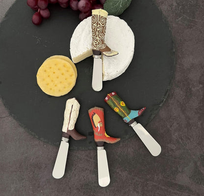 Supreme Housewares Western Cowboy Boot Cheese Spreaders, Hand-Painted Resin Handles with Stainless Steel Blades for Spreading Cream Cheese, Butter, and Jam, Assorted Designs, Set of 4