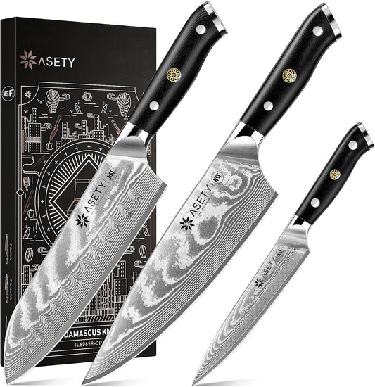 Damascus Knife Set 3 PCS: Japanese Kitchen Knives with VG10 Steel Core, Ultra-Sharp Professional Chef Knife Set, Full Tang G10 Handle, NSF Food-Safe, Elegant Box for Men Him Husband, Fathers day