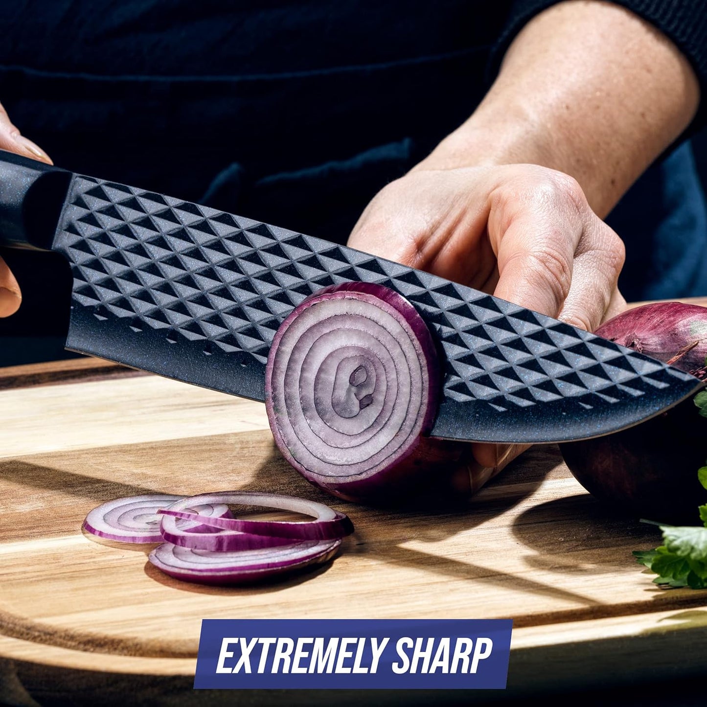 Blue Diamond Sharp Stone 14 Piece Knife Block Set, PFAS-Free Nonstick Diamond Textured Stainless Steel Blades, Rust Resistant Kitchen Cutlery, Chef & Steak Knives, Dishwasher Safe, Navy