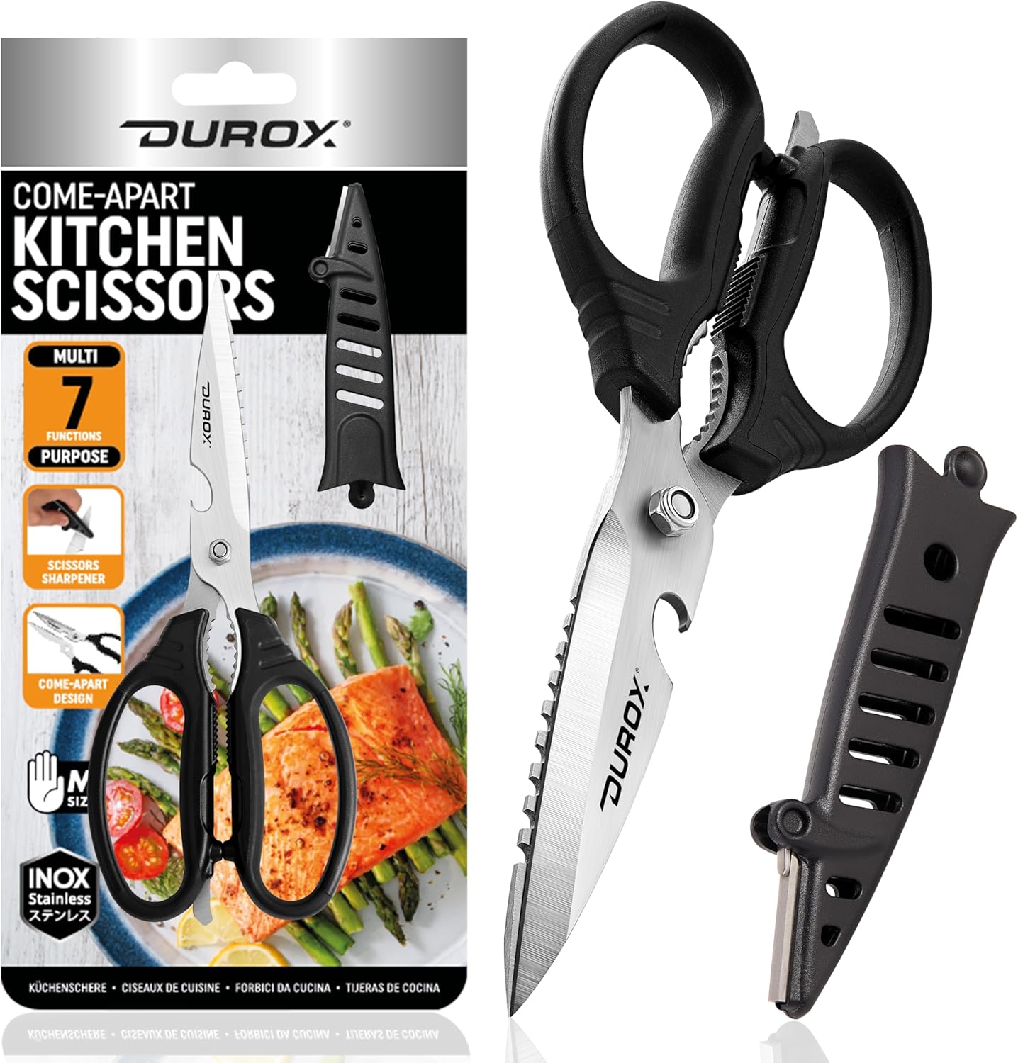DUROX Kitchen Scissors, All Purpose Kitchen Shears with Scissors Sharpener & Protective Cover, Come Apart Stainless Steel Shear - Multipurpose Utility Kitchen Tools