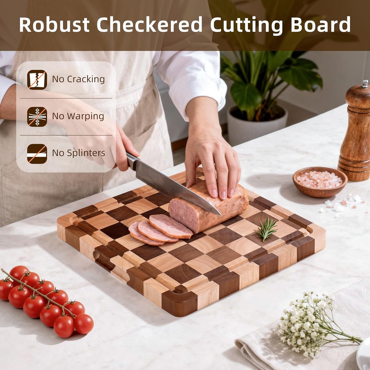 Checkered Cutting Board for Kitchen - Solid Wood End Grain Checkerboard Chopping Board with Handle & Juice Groove, Double Sided for Cooking, Serving and Decor, Rectangular 16" x 12" x 1"