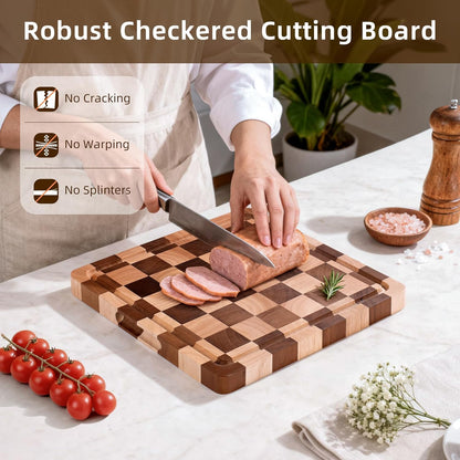 Checkered Cutting Board for Kitchen - Solid Wood End Grain Checkerboard Chopping Board with Handle & Juice Groove, Double Sided for Cooking, Serving and Decor, Rectangular 16" x 12" x 1"