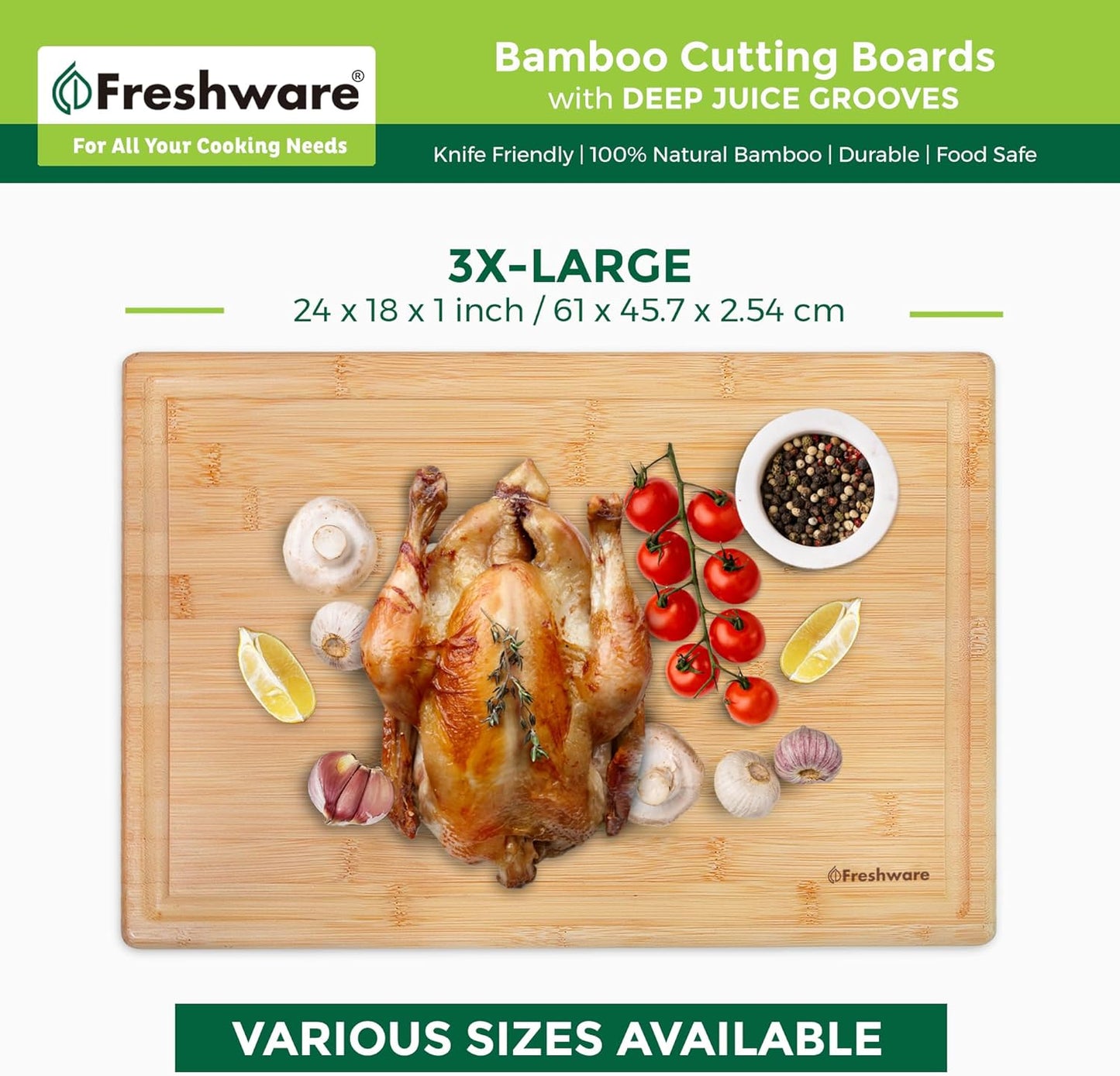 Freshware Bamboo Cutting Board Set of 3, Wooden Cutting Boards for Kitchen, Knife Friendly Food Grade Chopping Board, Lightweight with Hanging Hole for Easy Storage