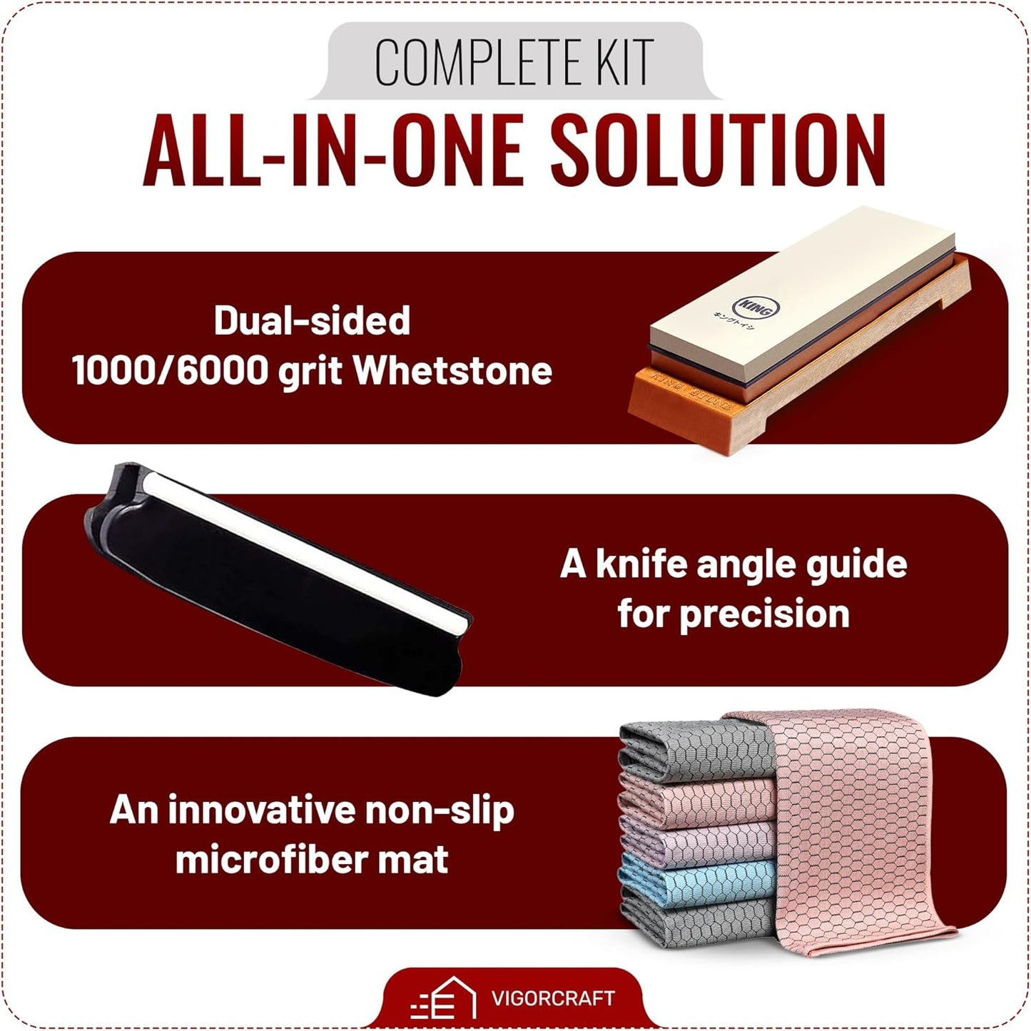 Japanese Whetstone Knife Sharpener - Dual-Sided 1000/6000 Grit Japanese Knife Sharpening Kit with Non-Slip Microfiber Cloth - Kitchen Sharpening Stones for Knives with Whetstone Angle Guide