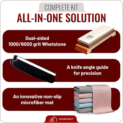 Japanese Whetstone Knife Sharpener - Dual-Sided 1000/6000 Grit Japanese Knife Sharpening Kit with Non-Slip Microfiber Cloth - Kitchen Sharpening Stones for Knives with Whetstone Angle Guide