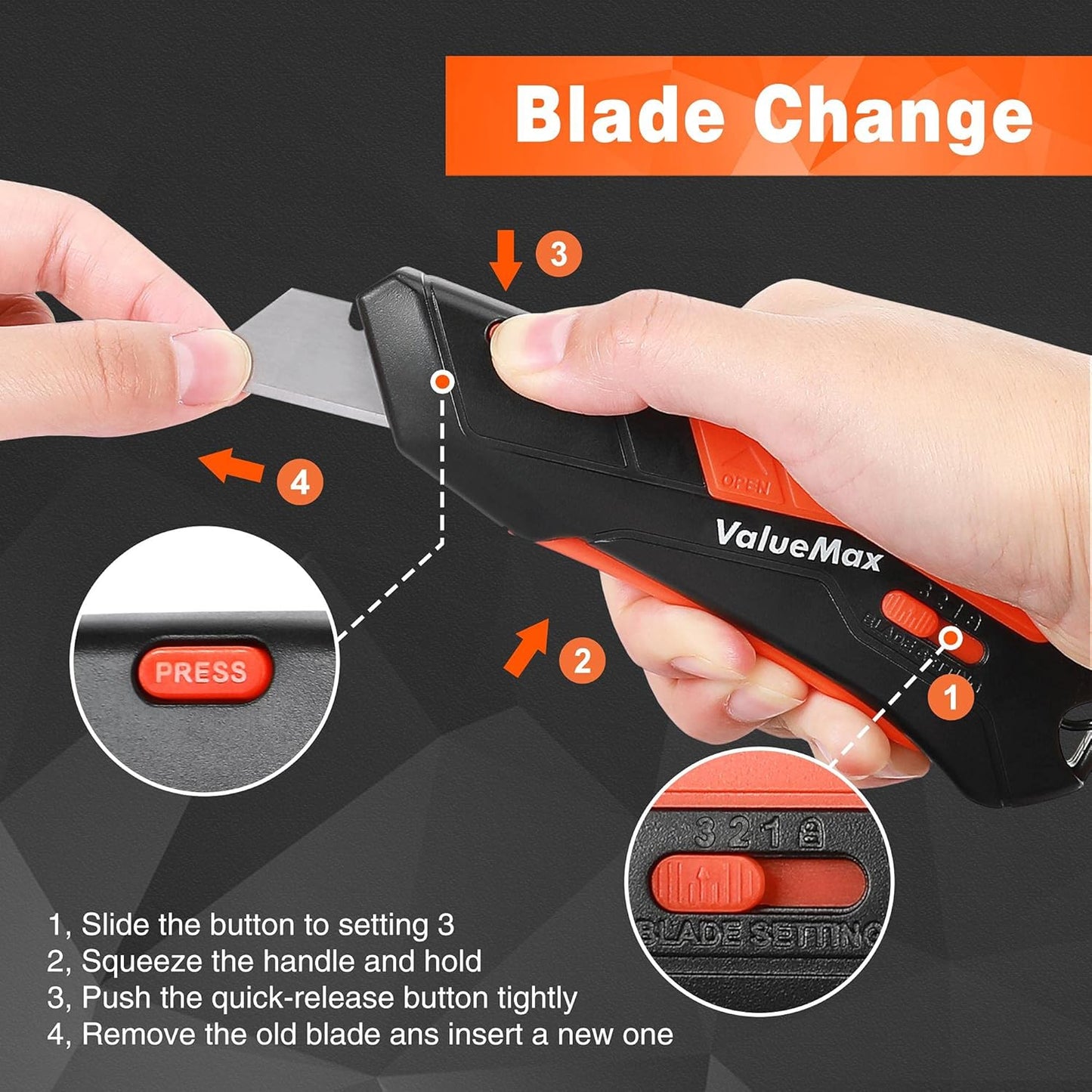 ValueMax 2-Pack Box Cutter Knife, Cardboard Cutter with Self-Retracting 3-Position Locking Blade, Safety Sheath, Lanyard, Extra 18 Blades Included, Blade Storage Design