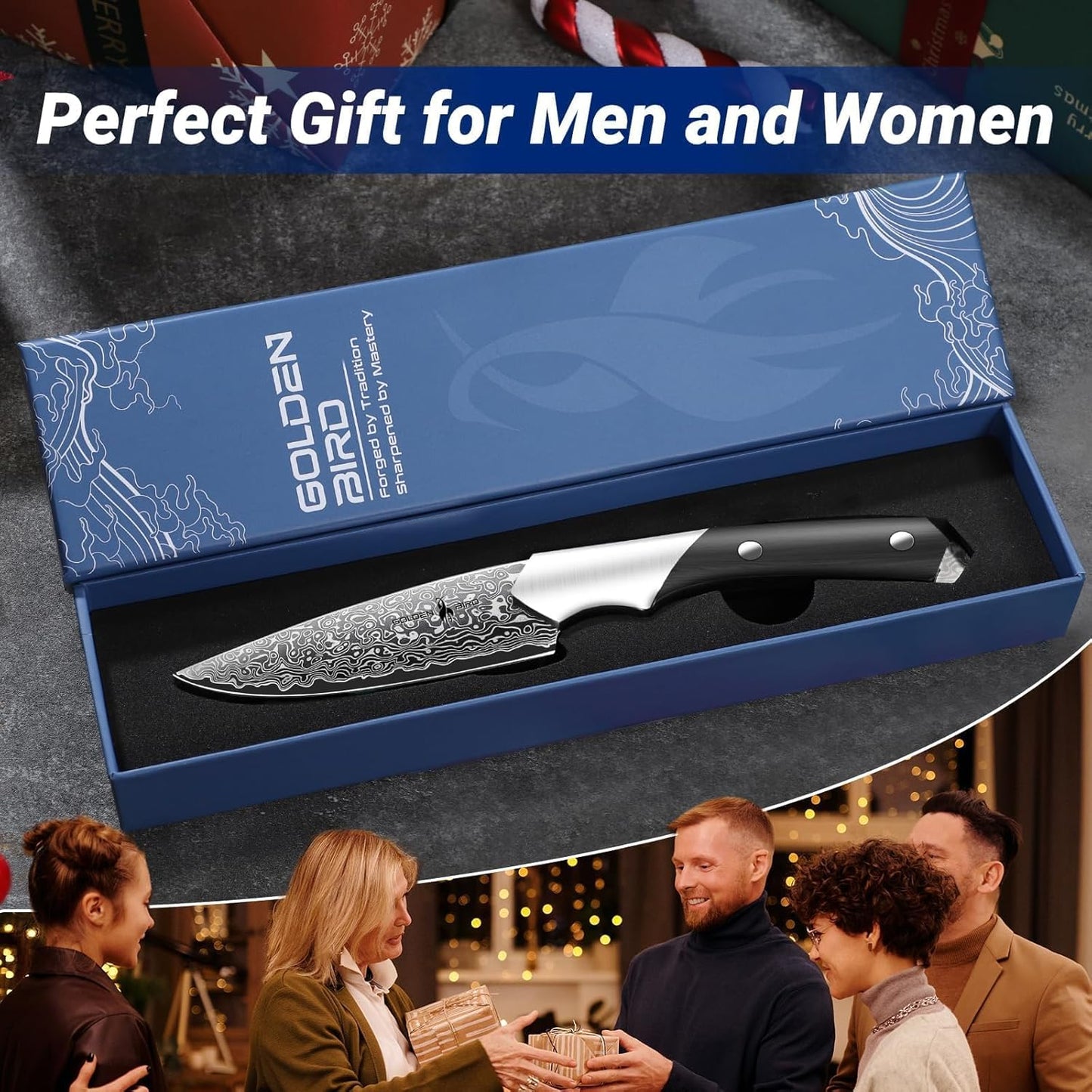 Golden Bird 6 inch Kitchen Utility knife, Japanes VG10 Damascus Steel Chef Knives with Wooden Handle, Small Paring Knife for Fruit and Vegetable, Ideal Gift