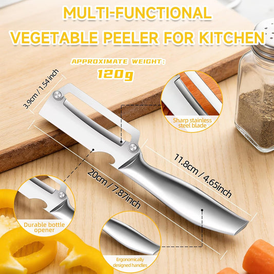 Multi-Functional Vegetable Peeler for Kitchen, Fruit Peeling Knife，stainless steel sharp blade with bottle opener, suitable for fruits and vegetables, pumpkin, sugar cane. (Wooden handle)