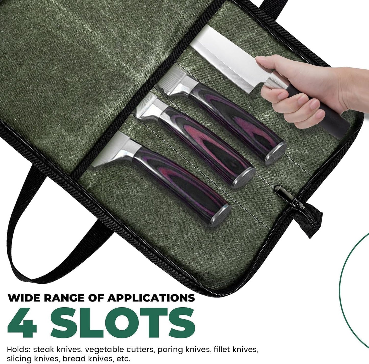 Heavy Duty Knife Roll for Chefs - Waxed Canvas Chef Knife Bag with 4 Slots, Waterproof & Durable Kitchen Knife Holder, Storage Case for Butchers & Home Cooks, Portable with Handle (Green)