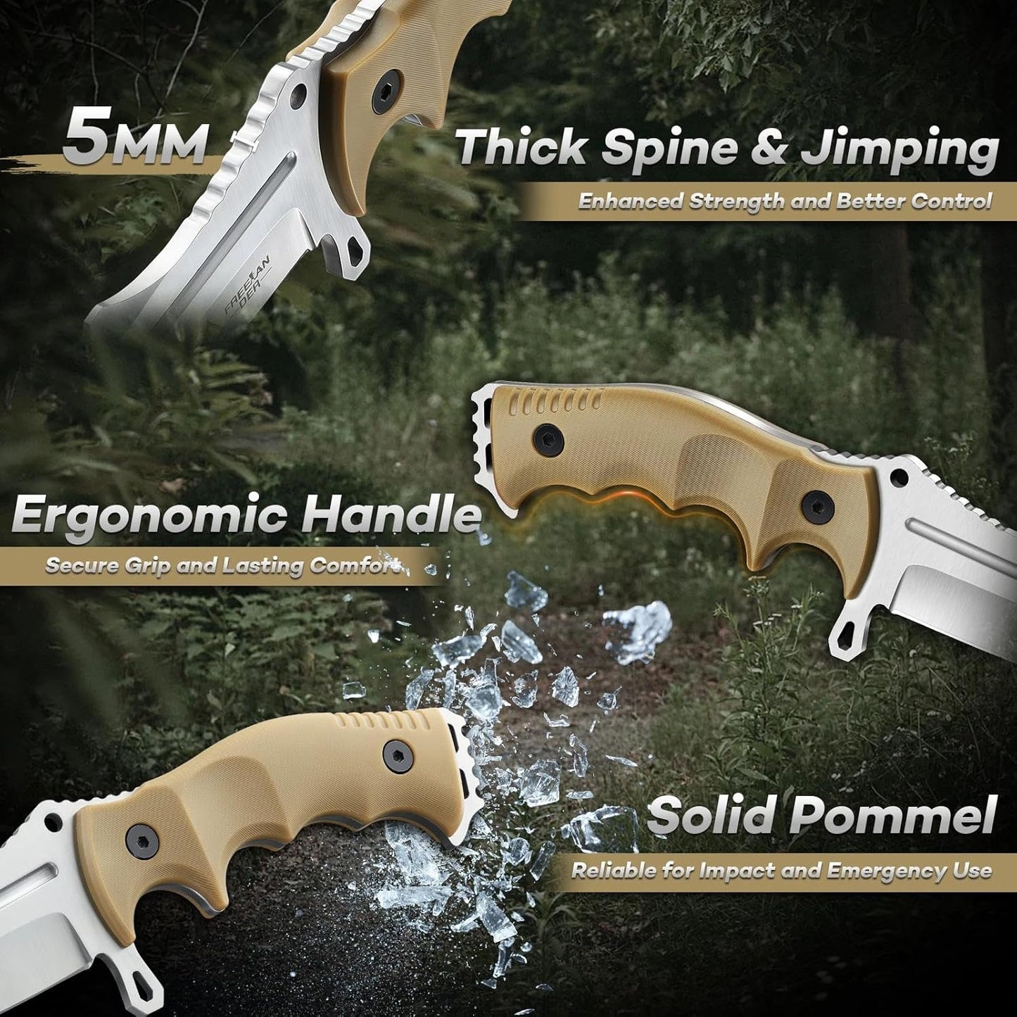 Freelander Fixed Blade Knife with Sheath, Full Tang D2 Steel Survival Knife, Camping Bushcraft Knives with Ergonomic Handle, Outdoor Knives for Men